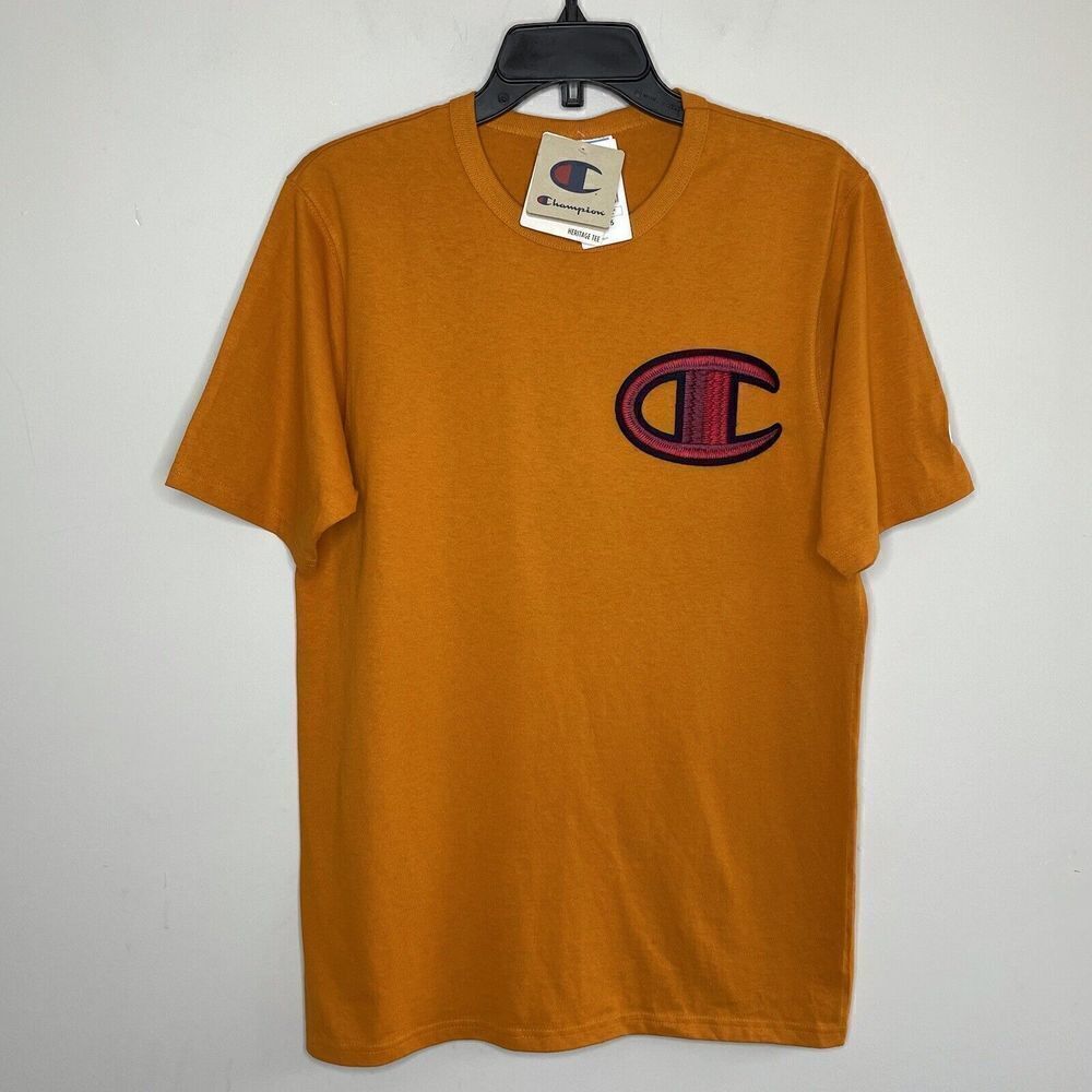 CHAMPION Mens Big-C Floss Embroidered Orange T-Shirt NEW Cotton Tee Medium M